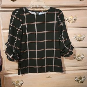 Ann Taylor Factory Petite Black Top with Checked Pattern Stripes Size XXSP